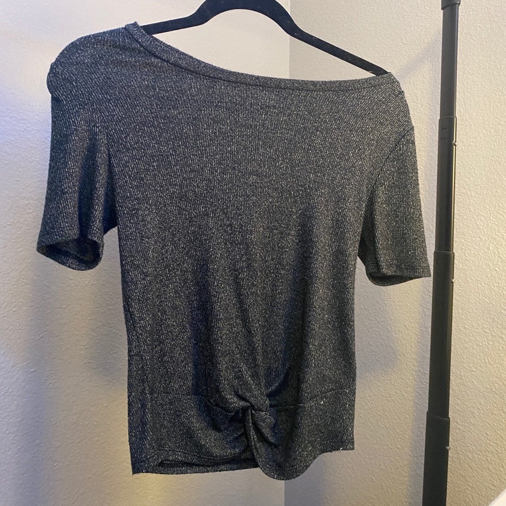 grey short sleeved tie front top
